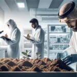 Primer plano de laboratorio agrícola moderno con científicos analizando muestras de suelo y plantas bajo luz blanca limpia.