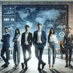 Jóvenes emprendedores frente a pantallas con gráficos tecnológicos en una sala moderna y luminosa.