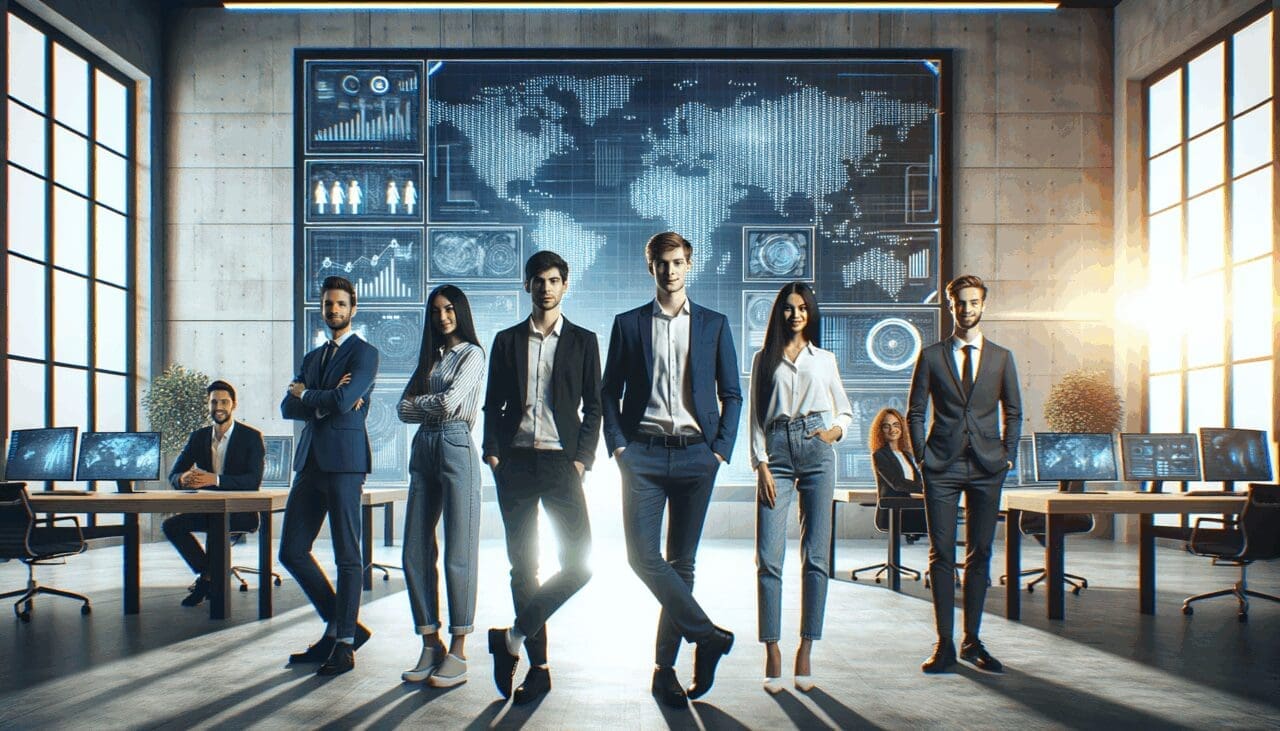 Jóvenes emprendedores frente a pantallas con gráficos tecnológicos en una sala moderna y luminosa.