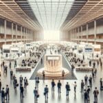 Salón principal de un evento tecnológico, lleno de asistentes internacionales y stands de startups.