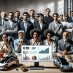 Grupo de emprendedores observando un tablero digital con gráficos y autos eléctricos en un fondo tecnológico.