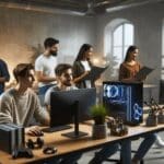 Jóvenes emprendedores colaborando en un espacio moderno con ordenadores y elementos de gaming.