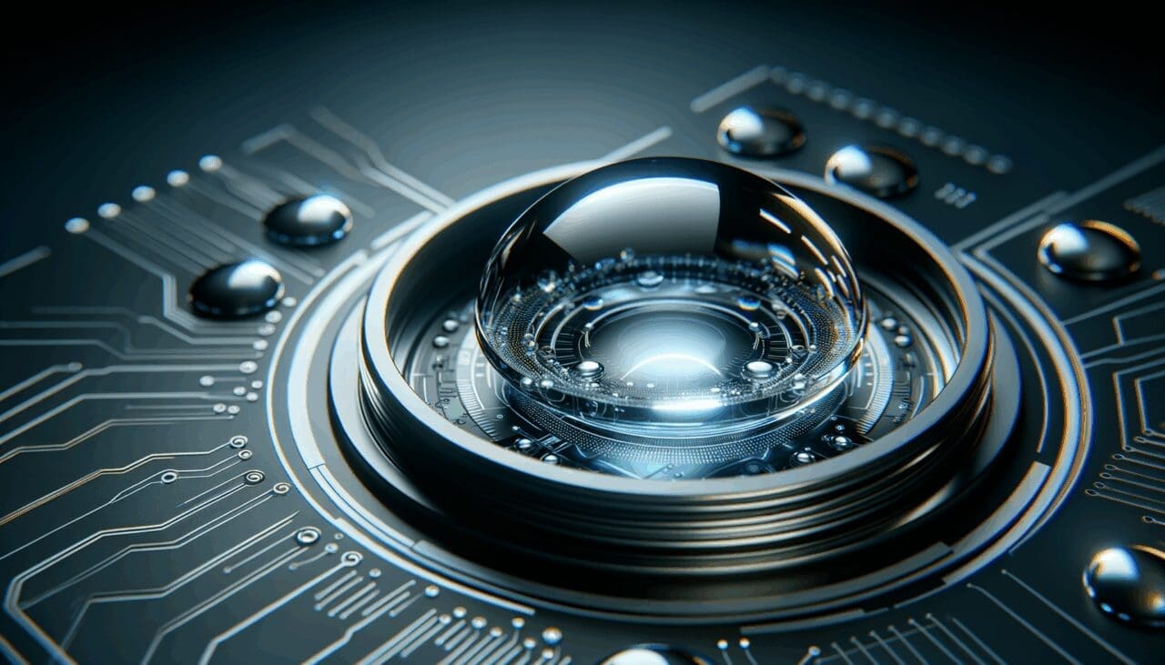 Primer plano de lentes de contacto tecnológicas brillando sobre una mesa futurista en fondo oscuro.