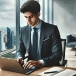 Emprendedor latinoamericano trabajando frente a un portátil en una oficina moderna con vista a la ciudad.