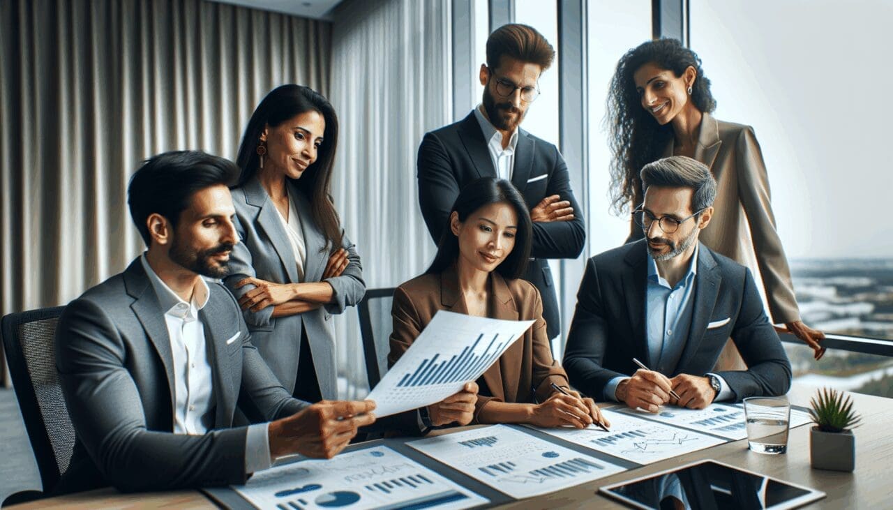 Grupo diverso de emprendedores analizando gráficos financieros en una sala de reuniones moderna.