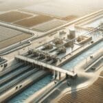 Vista aérea de un sistema de gestión de agua en un área rural