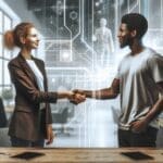 Dos emprendedores dándose la mano en un espacio moderno de coworking, con fondos abstractos tecnológicos.