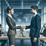 Dos profesionales de negocios estrechando manos en una sala de juntas moderna, con fondo de pantallas digitales y ambiente corporativo.