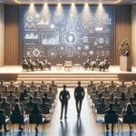 Fotografía vibrante de un auditorio moderno con fundadores presentando proyectos tecnológicos frente a un público atento.