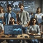 Plano medio de un equipo de jóvenes desarrolladores trabajando frente a pantallas con gráficos y fórmulas matemáticas en un espacio de coworking tecnológico.