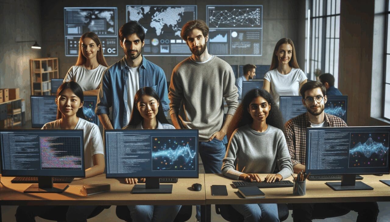 Plano medio de un equipo de jóvenes desarrolladores trabajando frente a pantallas con gráficos y fórmulas matemáticas en un espacio de coworking tecnológico.