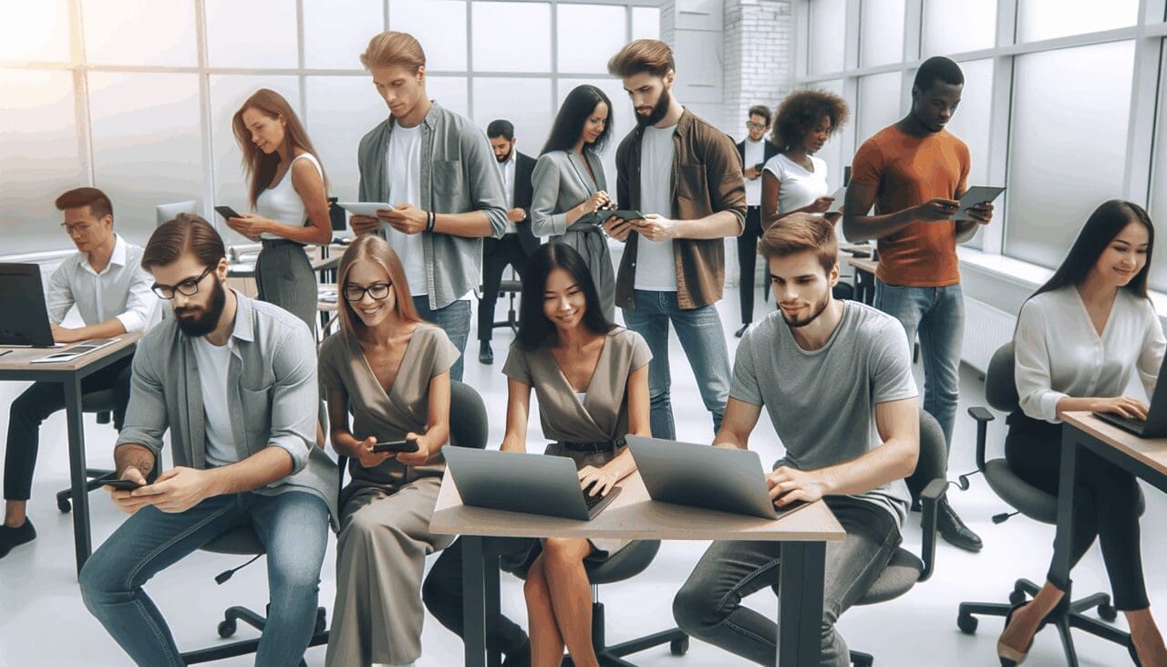 Equipo multicultural de jóvenes trabajando en un moderno espacio de coworking tecnológico.