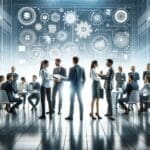 Equipo de ingenieros y empresarios discutiendo en un entorno tecnológico moderno.