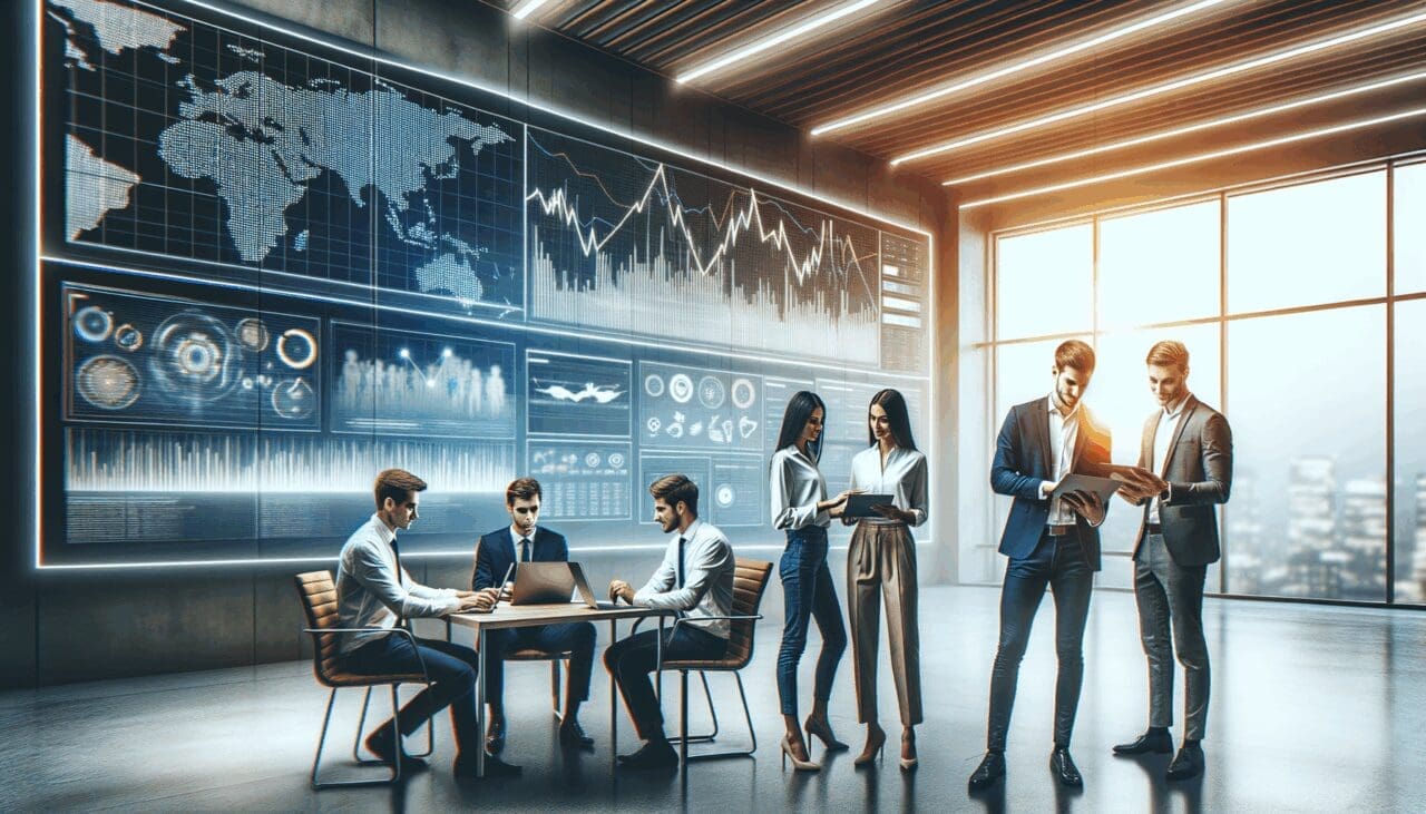 Equipo joven colaborando en una oficina moderna, pantallas con gráficos financieros de fondo, ambiente tecnológico.