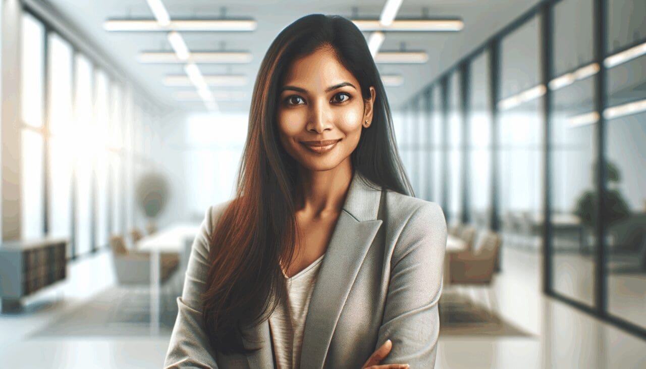 Retrato de un emprendedor tecnológico en un entorno corporativo moderno y luminoso