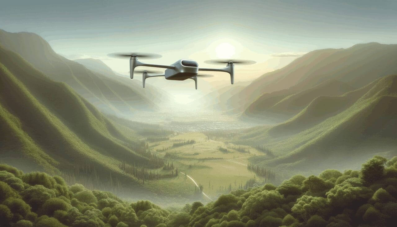 Coche volador eVTOL Jetson One sobrevolando un paisaje montañoso y verde, ambiente tecnológico.