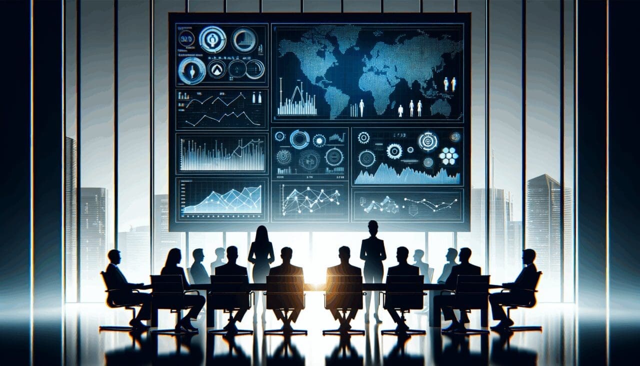 Siluetas de emprendedores en una sala de juntas moderna, pantalla digital mostrando gráficos tecnológicos al fondo.