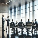 Grupo de inversores discutiendo en una sala de juntas moderna con ventanas panorámicas.