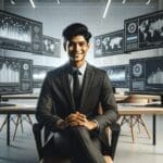 Emprendedor sentado frente a varias pantallas con gráficos y líneas de código en un entorno moderno y minimalista.