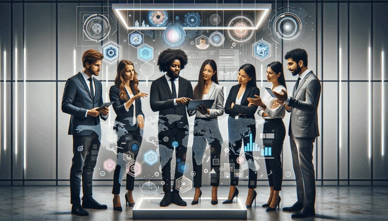 Grupo diverso de emprendedores en un stand de feria tecnológica, fondos modernos y elementos interactivos.