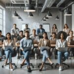 Emprendedores reunidos en un espacio moderno de coworking con laptops y pizarras digitales.