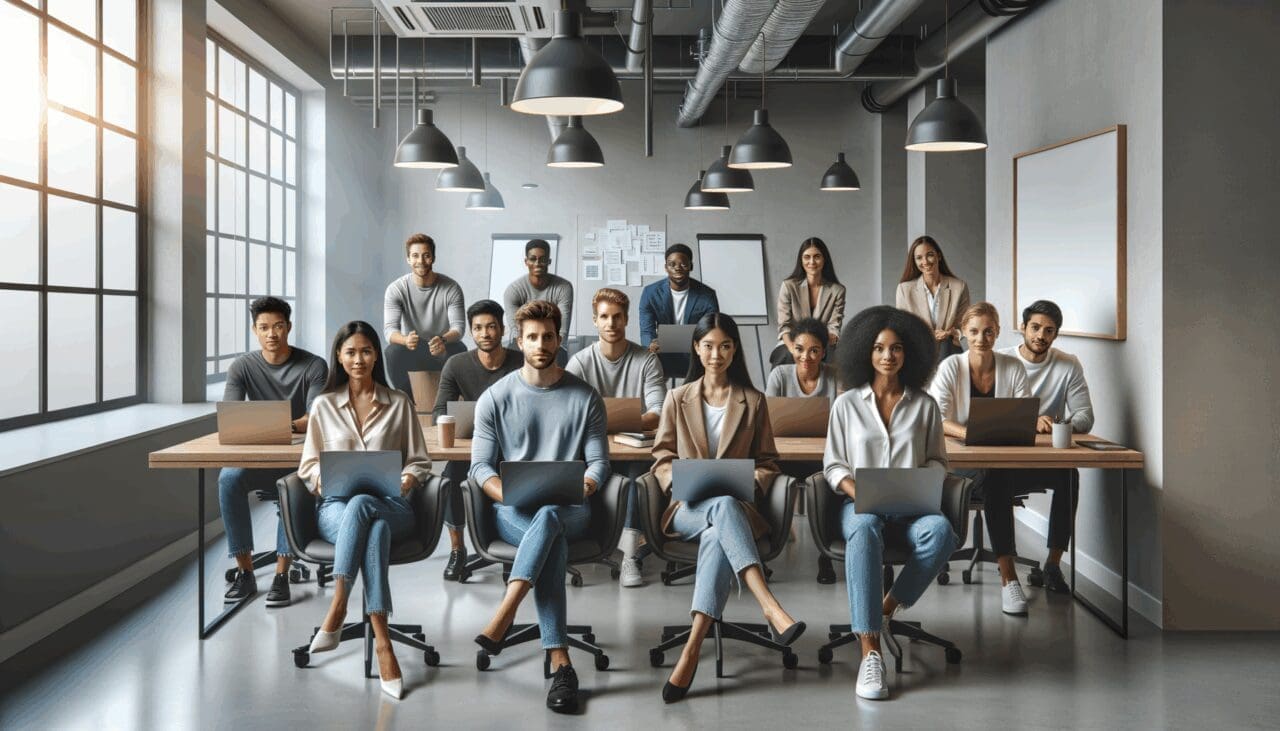 Emprendedores reunidos en un espacio moderno de coworking con laptops y pizarras digitales.