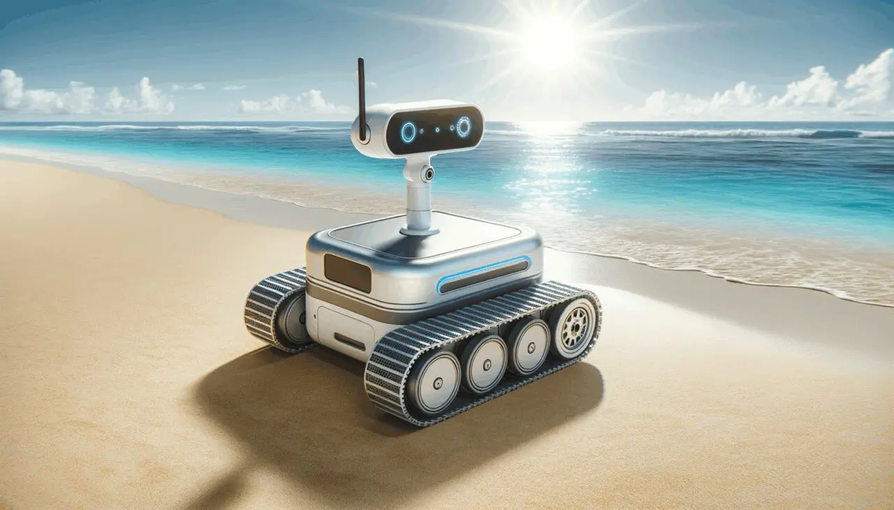 Robot autónomo operando en una playa limpia, con mar y arena en el fondo, ambiente soleado y tecnología visible.