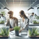 Joven equipo emprendedor en laboratorio rodeado de plantas acuáticas y tecnología moderna.