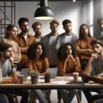 Jóvenes emprendedores discutiendo en un moderno espacio de co-working.