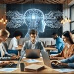 Equipo multicultural trabajando juntos en laptops con gráficos de inteligencia artificial en un espacio de coworking moderno.