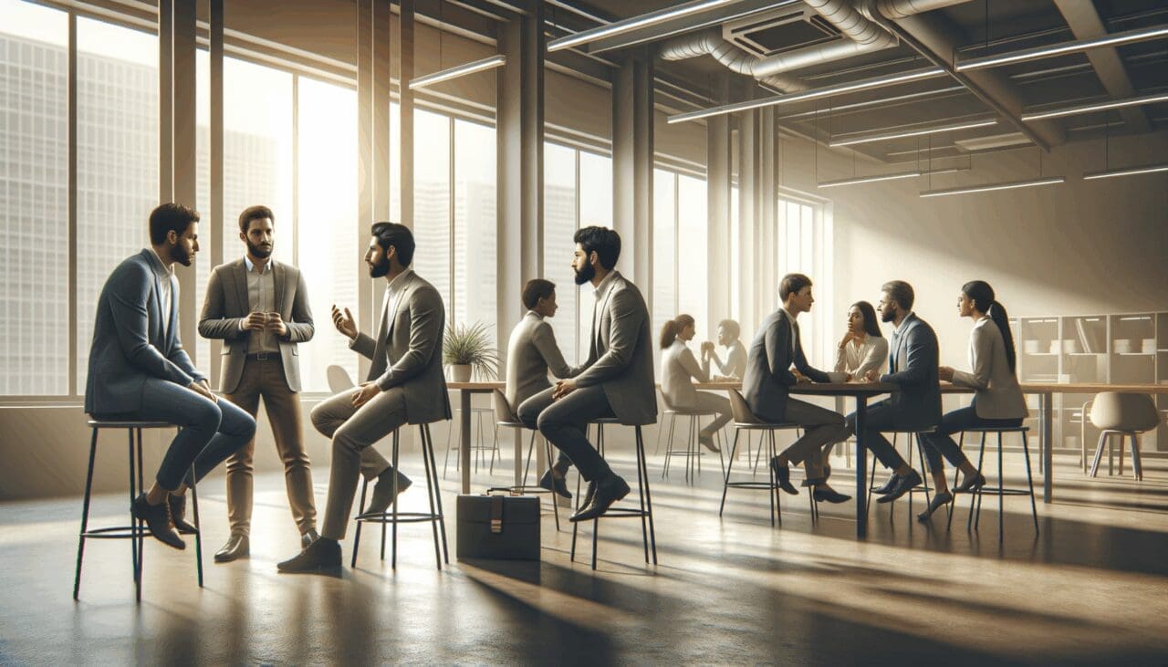 Fundadores de startups dialogando en una sala moderna de coworking con luz natural.