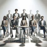 Fotografía de equipo de startup celebrando en un evento de premiación, ambiente moderno y profesional.