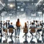 Equipo de jóvenes emprendedores colaborando en una moderna oficina con pantallas y elementos tecnológicos.