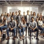 Retrato grupal de un equipo startup colombiano en un entorno de oficina moderno y tecnológico.