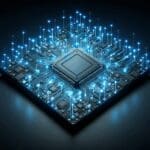 Render abstracto de chips de procesadores interconectados y luces led azules sobre fondo oscuro, estilo tecnológico moderno.