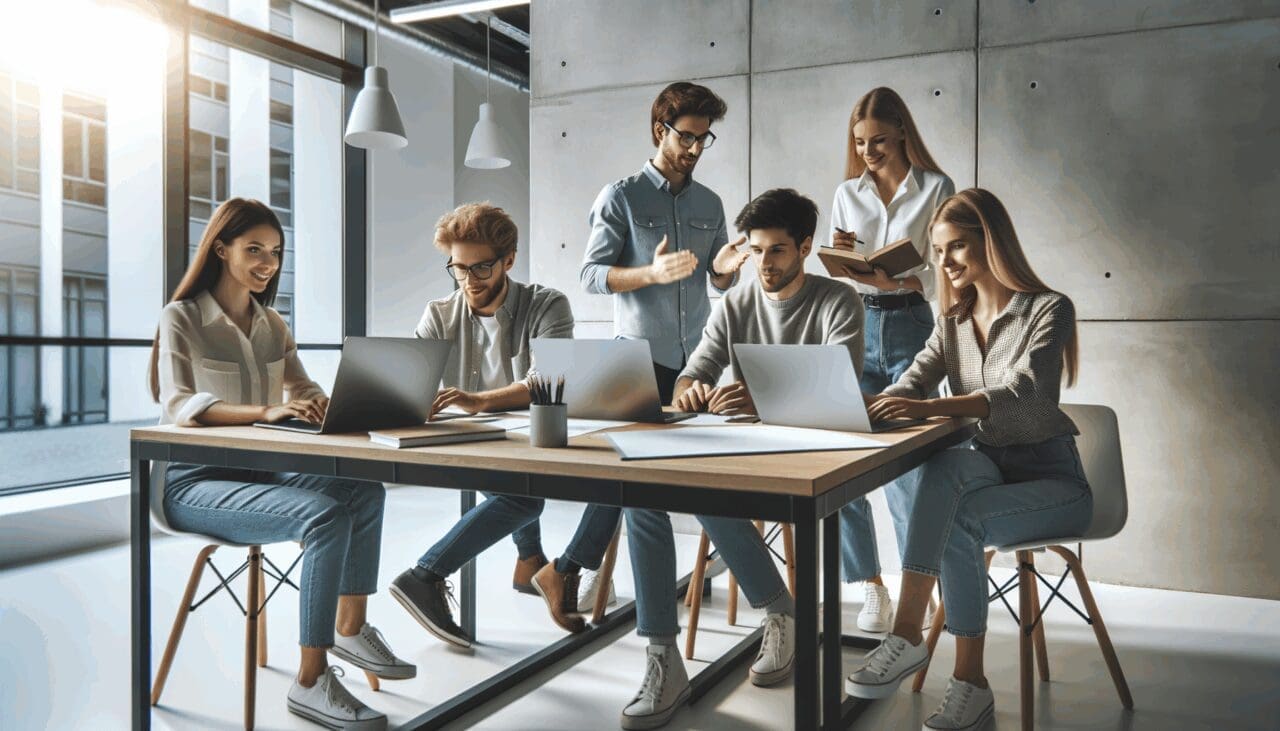 Jóvenes profesionales trabajando juntos en un espacio moderno de coworking con laptops y pizarras.