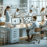 Laboratorio moderno con científicos trabajando en computadoras y muestras biotecnológicas.