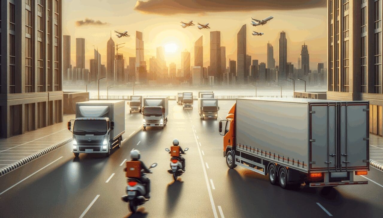 Plataforma logística moderna con camiones y motos de reparto en movimiento en una ciudad latinoamericana al atardecer.