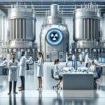 Laboratorio moderno con reactores de fusión nuclear y científicos trabajando en un entorno tecnológico.