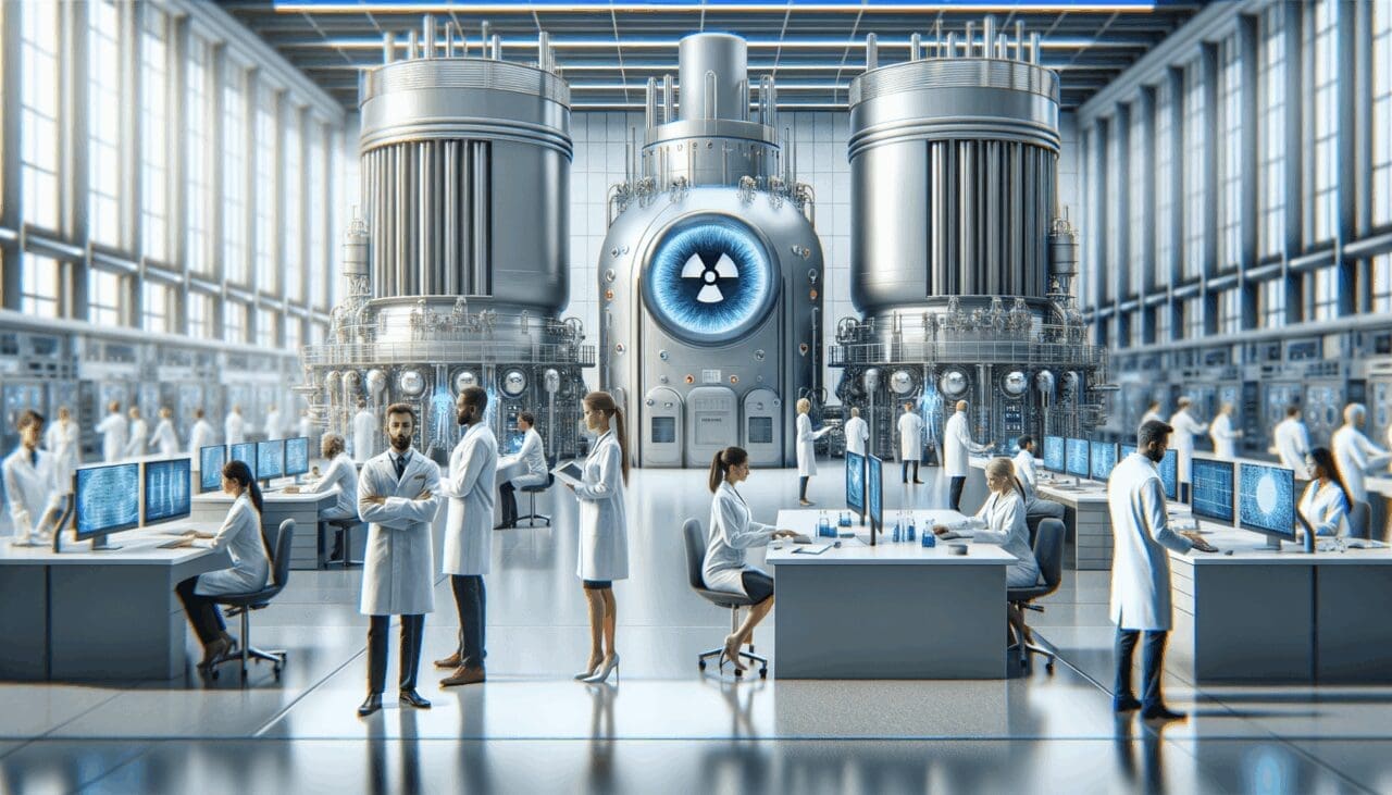 Laboratorio moderno con reactores de fusión nuclear y científicos trabajando en un entorno tecnológico.