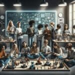 Grupo de niños y niñas experimentando con kits de robótica en un aula moderna, rodeados de pizarras digitales y modelos de proyectos.