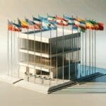 Edificio moderno con banderas de América Latina ondeando.