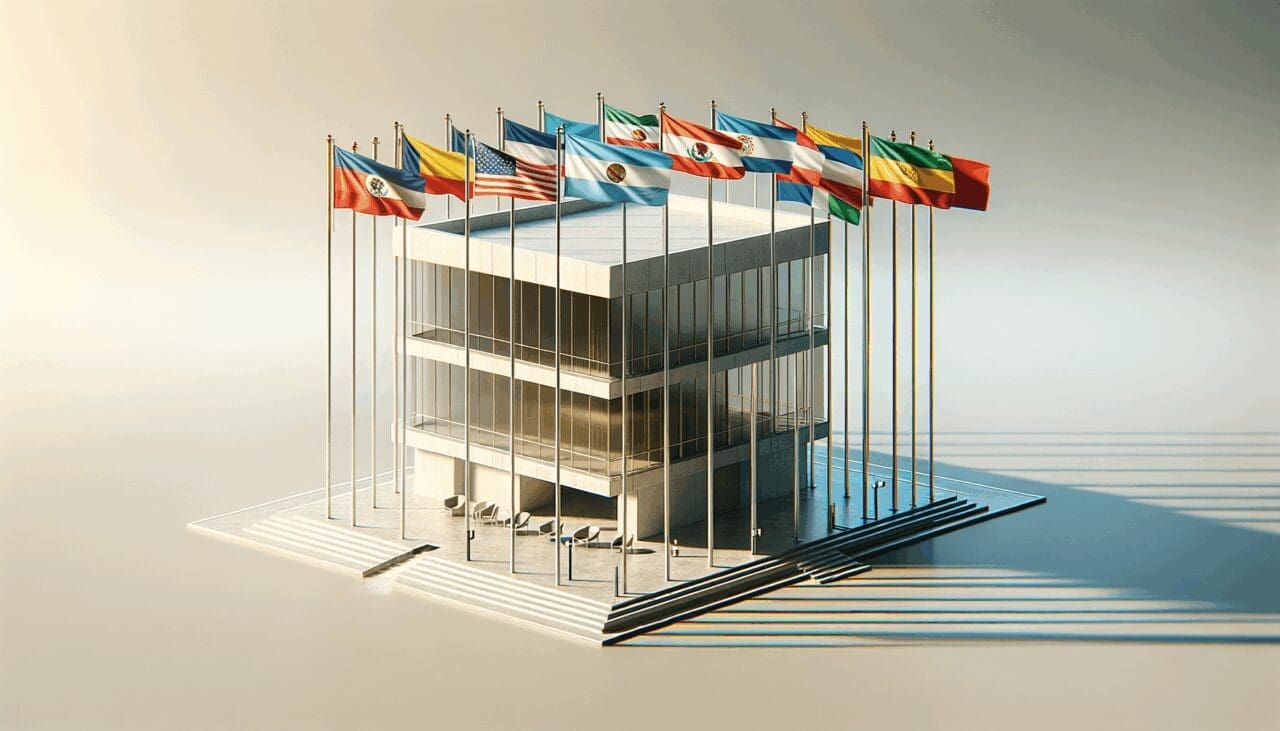 Edificio moderno con banderas de América Latina ondeando.