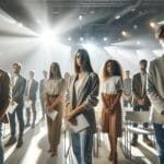 Gente joven en un evento de premiación tecnológica con ambiente moderno y luces brillantes