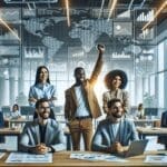 Emprendedores colaborando en un entorno de oficina moderna con pantallas digitales.