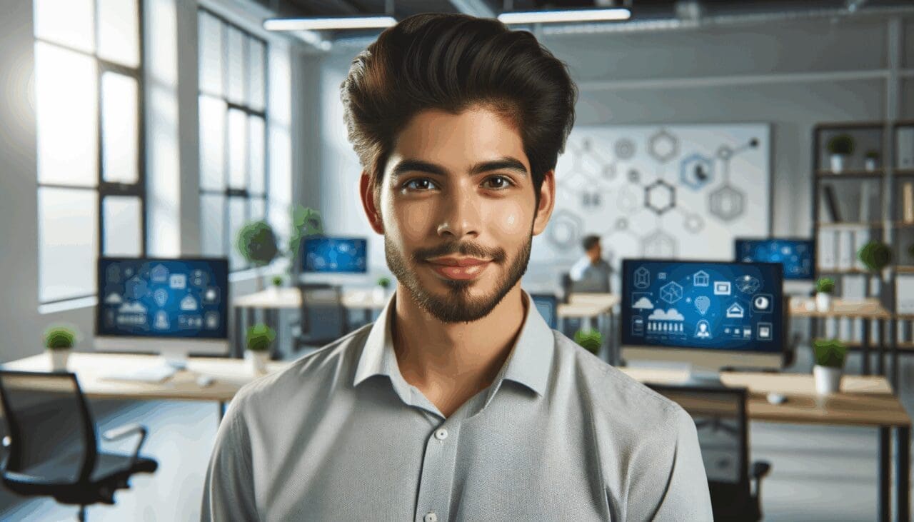 Retrato de un joven emprendedor en un espacio de coworking moderno con computadoras y pizarras digitales.