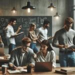 Fotografía de jóvenes emprendedores colaborando en un espacio moderno con pizarras y laptops.