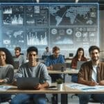 Jóvenes emprendedores trabajando frente a pantallas con gráficos y datos tecnológicos en un espacio de coworking moderno.
