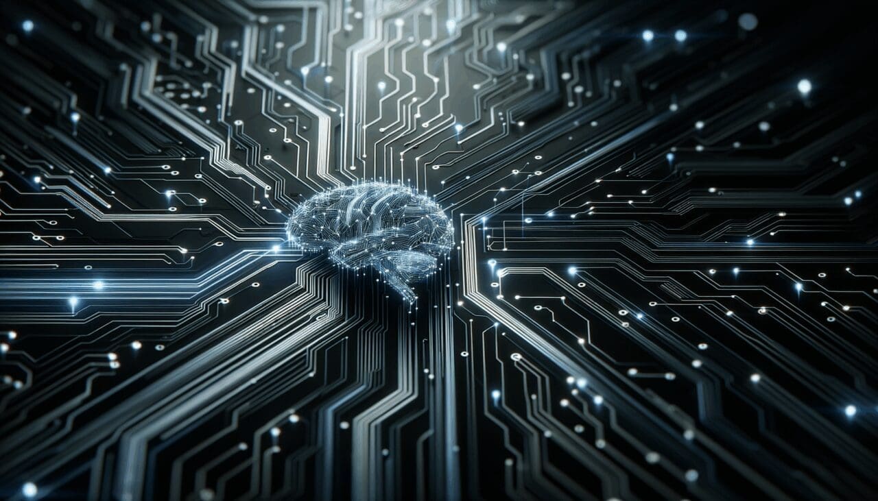 Primer plano de circuitos neuronales digitales sobre fondo oscuro, estilo futurista y tecnológico.