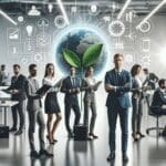 Equipo de profesionales colaborando en un laboratorio tecnológico moderno, con elementos de energía limpia.